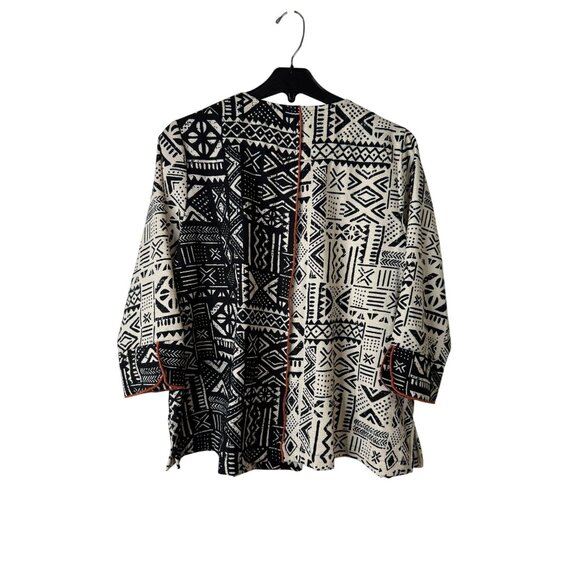 Multiples Women’s PL Jacket – Black & Cream Tribal Geometric Print Button Front - Picture 2 of 10
